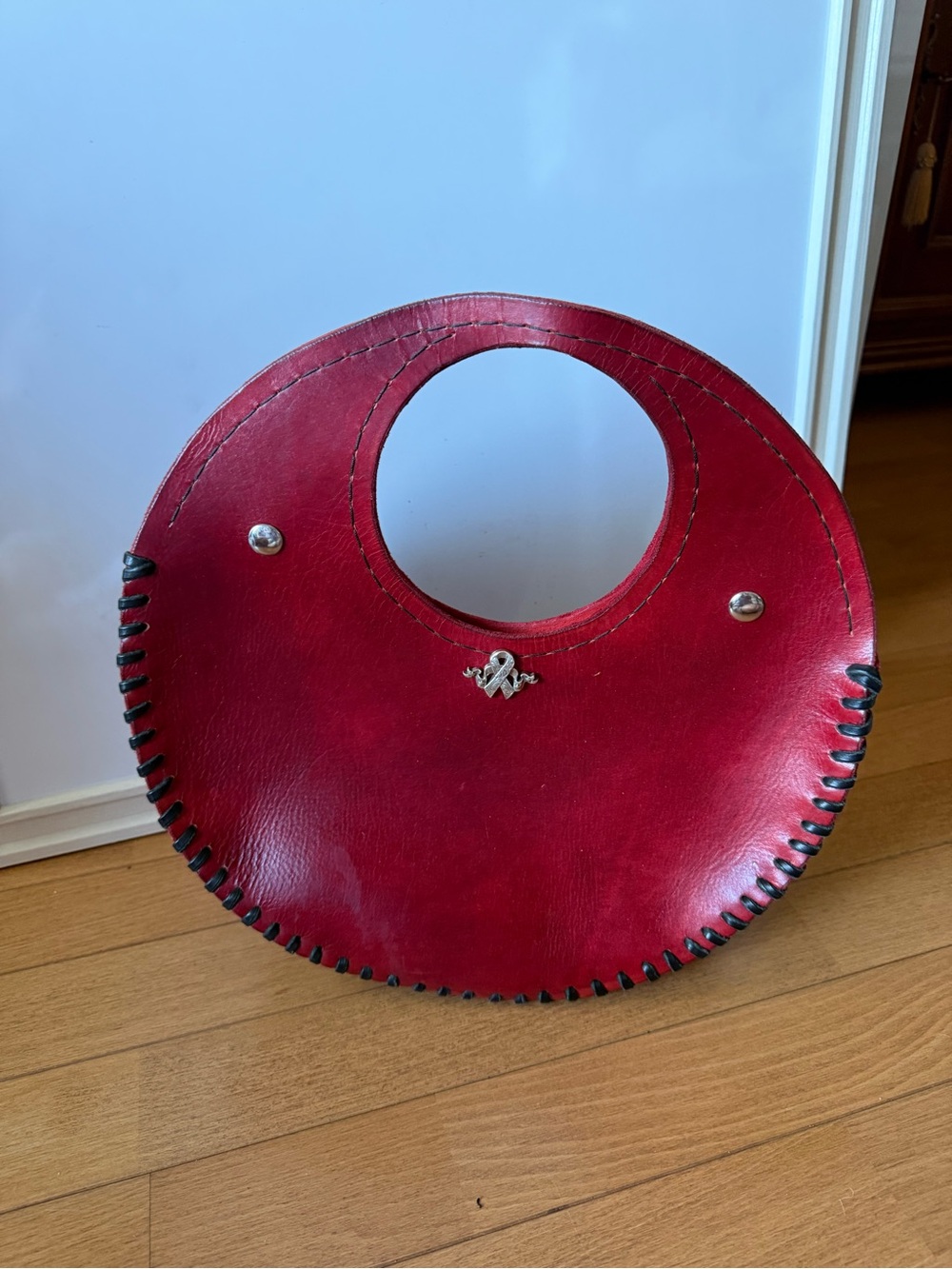 Round Red Leather Handbag with Contrast Stitching